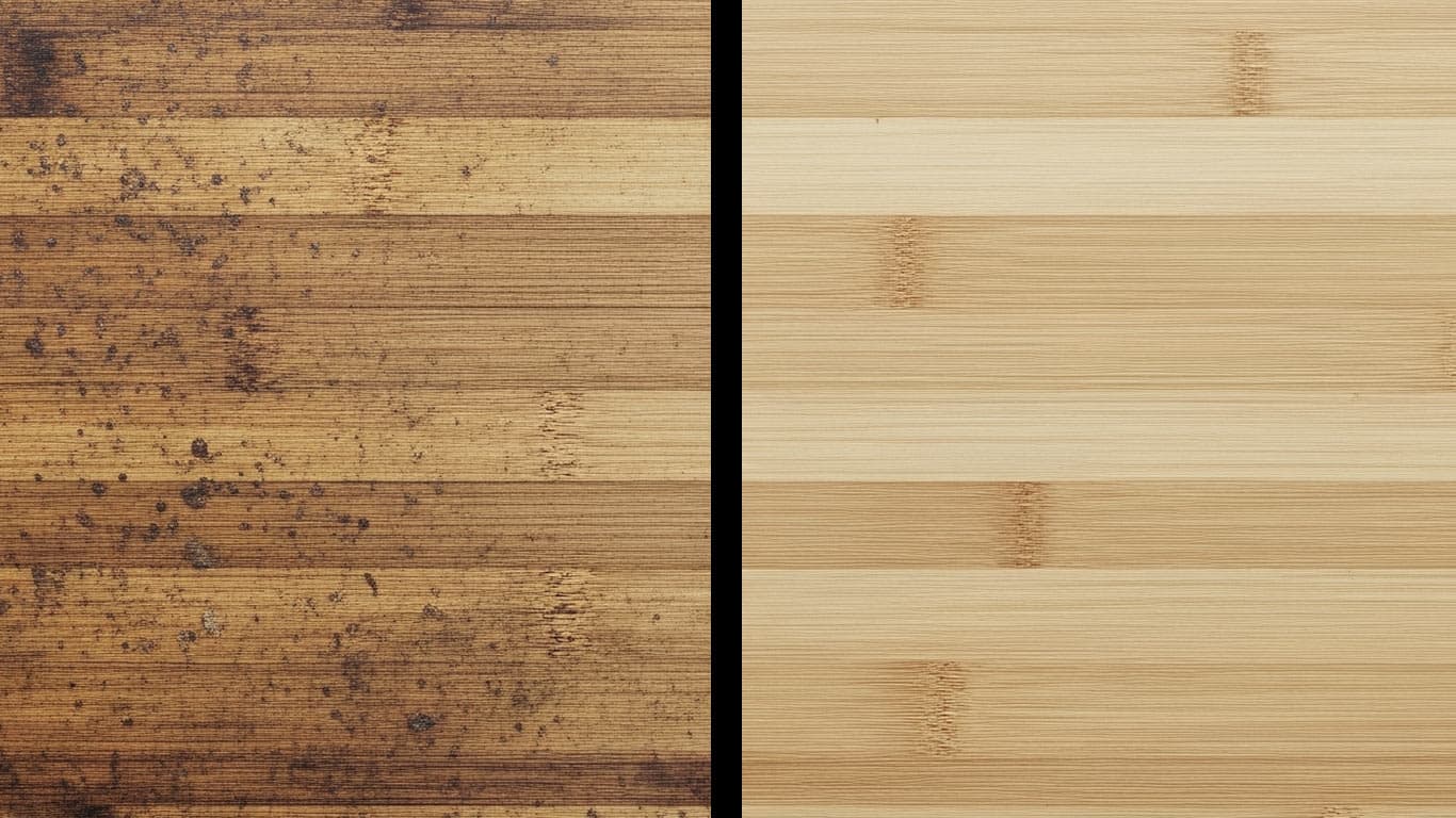 Bamboo surface undergoing laser cleaning showing precise contamination removal