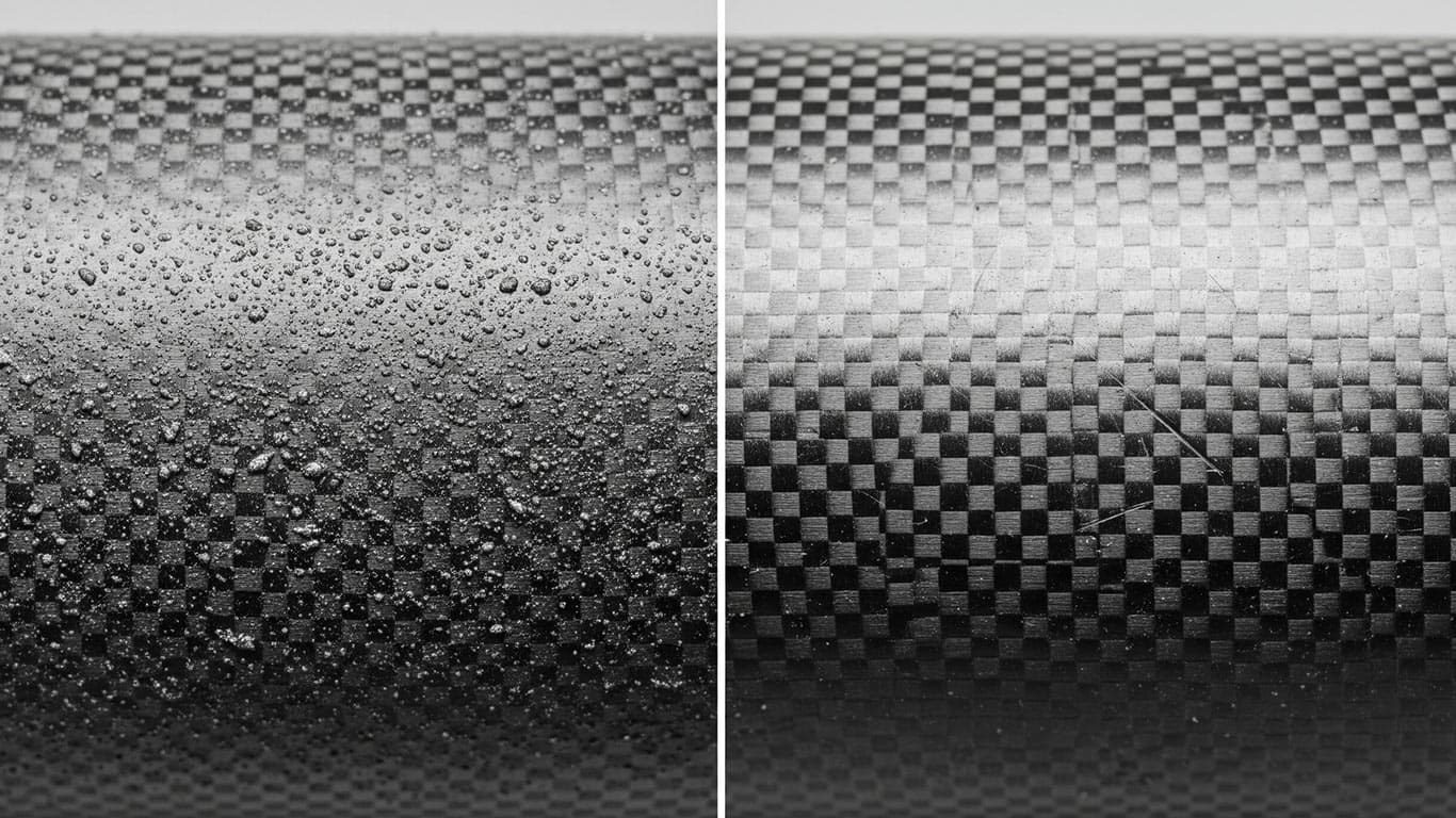 Carbon Fiber Reinforced Polymer surface undergoing laser cleaning showing precise contamination removal