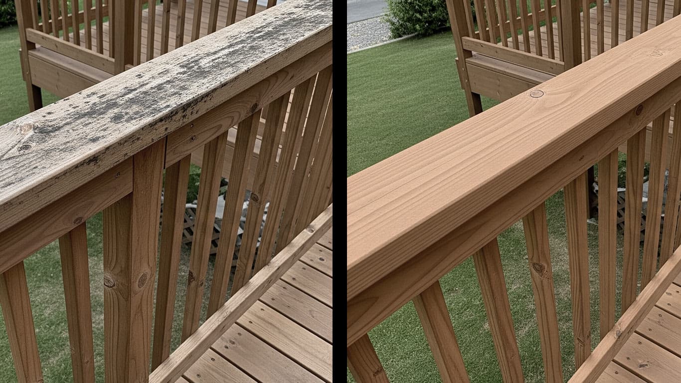 Cedar surface undergoing laser cleaning showing precise contamination removal