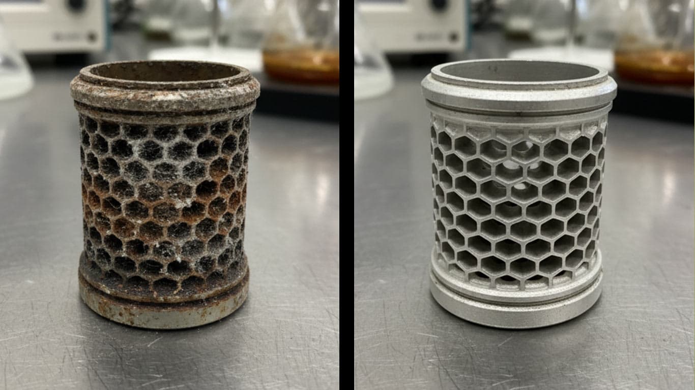 Cerium surface undergoing laser cleaning showing precise contamination removal