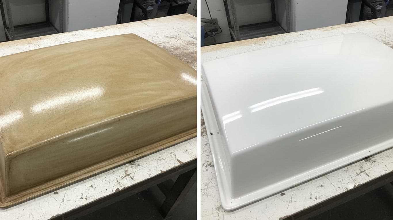 Fiberglass surface undergoing laser cleaning showing precise contamination removal