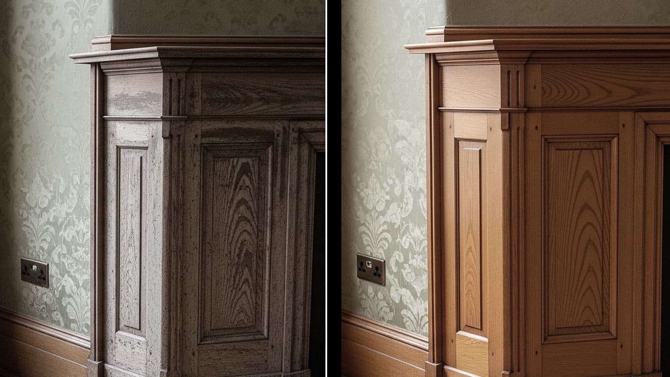 Fir surface undergoing laser cleaning showing precise contamination removal