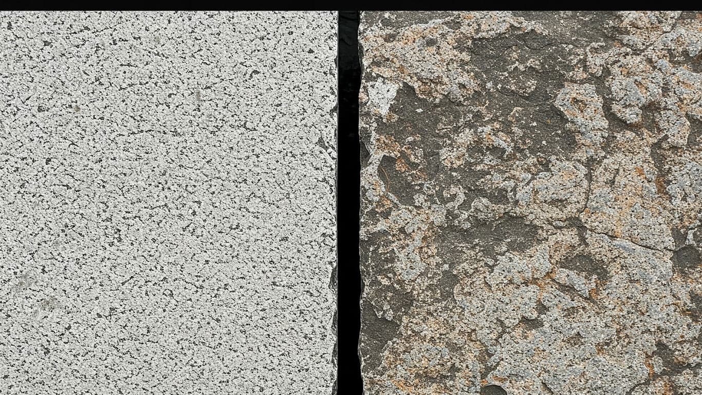 Granite surface undergoing laser cleaning showing precise contamination removal
