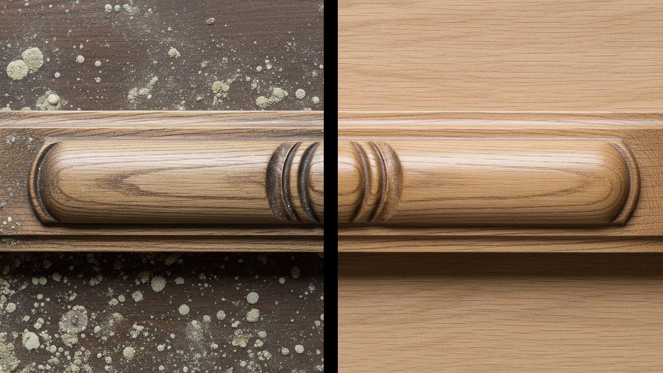 Hickory surface undergoing laser cleaning showing precise contamination removal