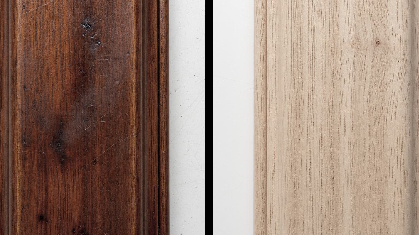 Mahogany surface undergoing laser cleaning showing precise contamination removal