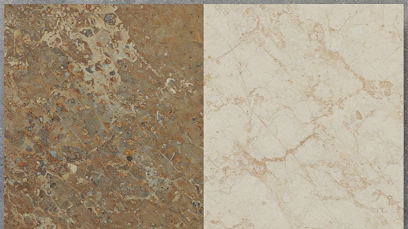 Marble surface undergoing laser cleaning showing precise contamination removal