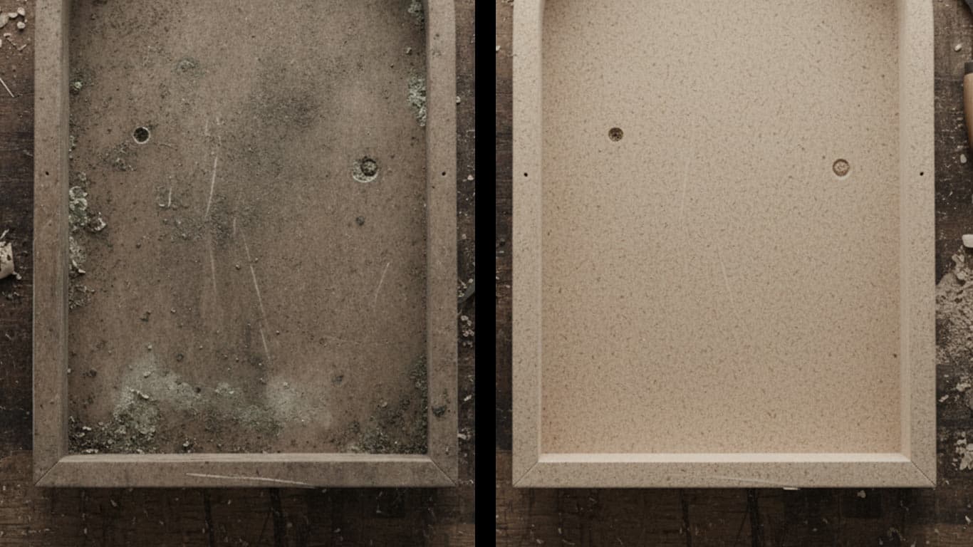 Mdf surface undergoing laser cleaning showing precise contamination removal