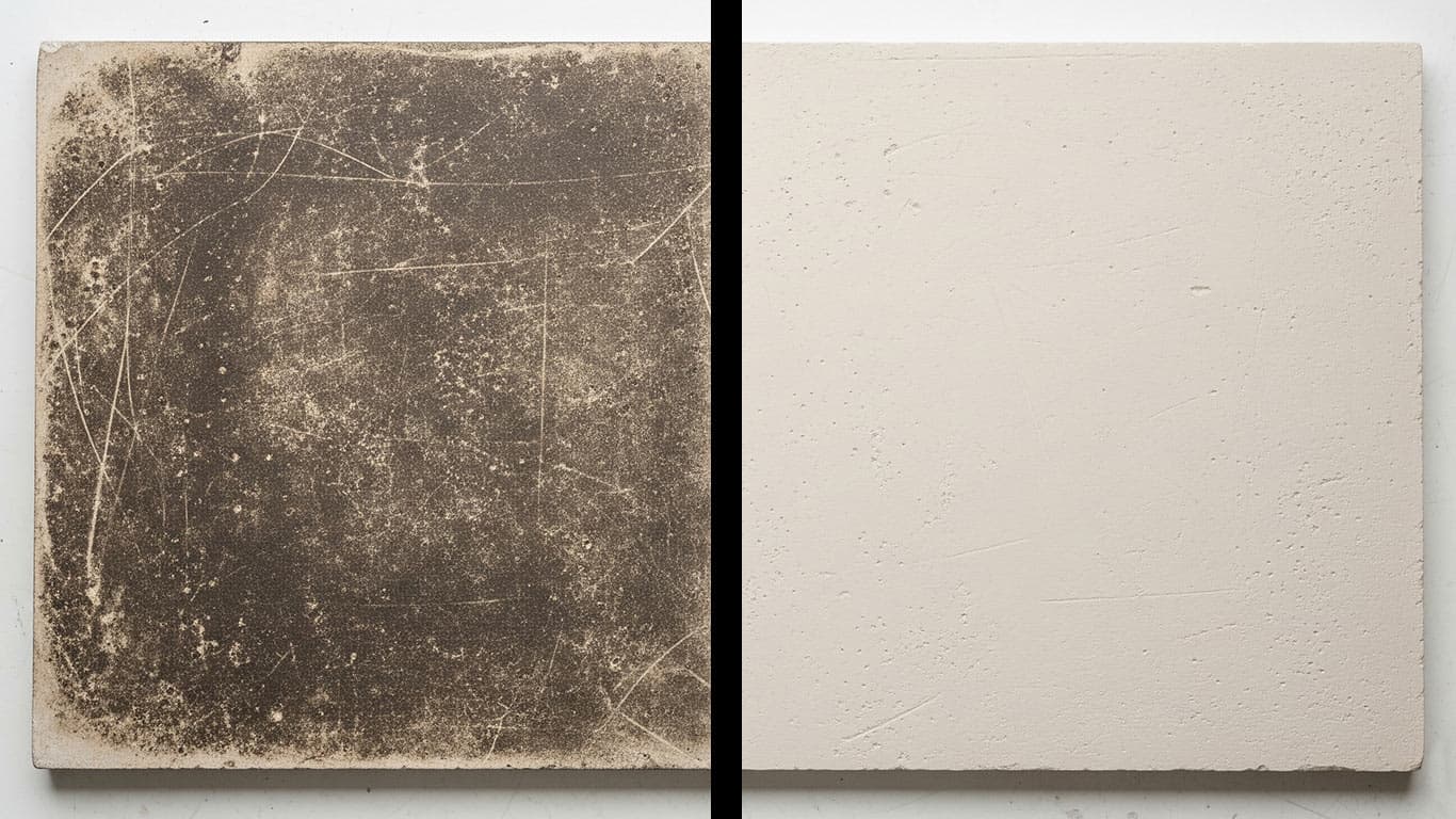 Plaster surface undergoing laser cleaning showing precise contamination removal