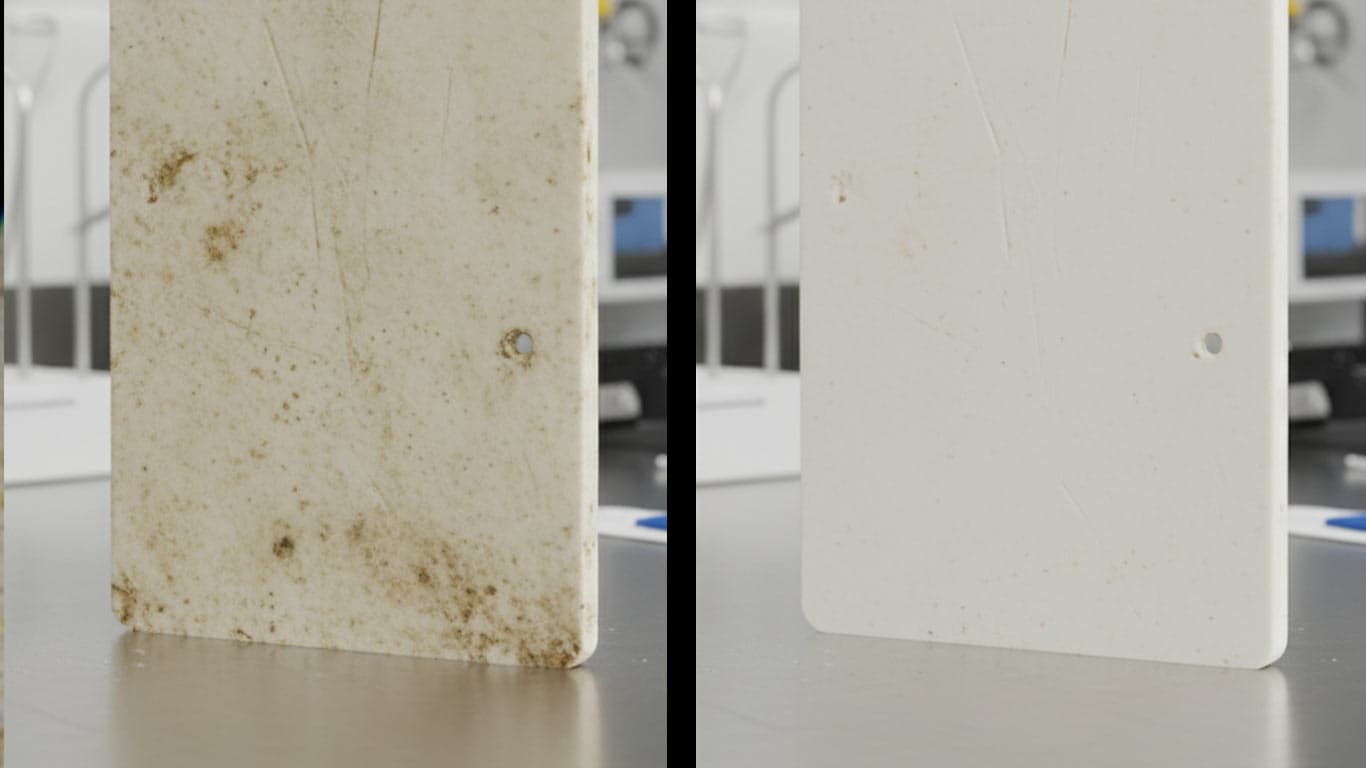 Polyethylene surface undergoing laser cleaning showing precise contamination removal