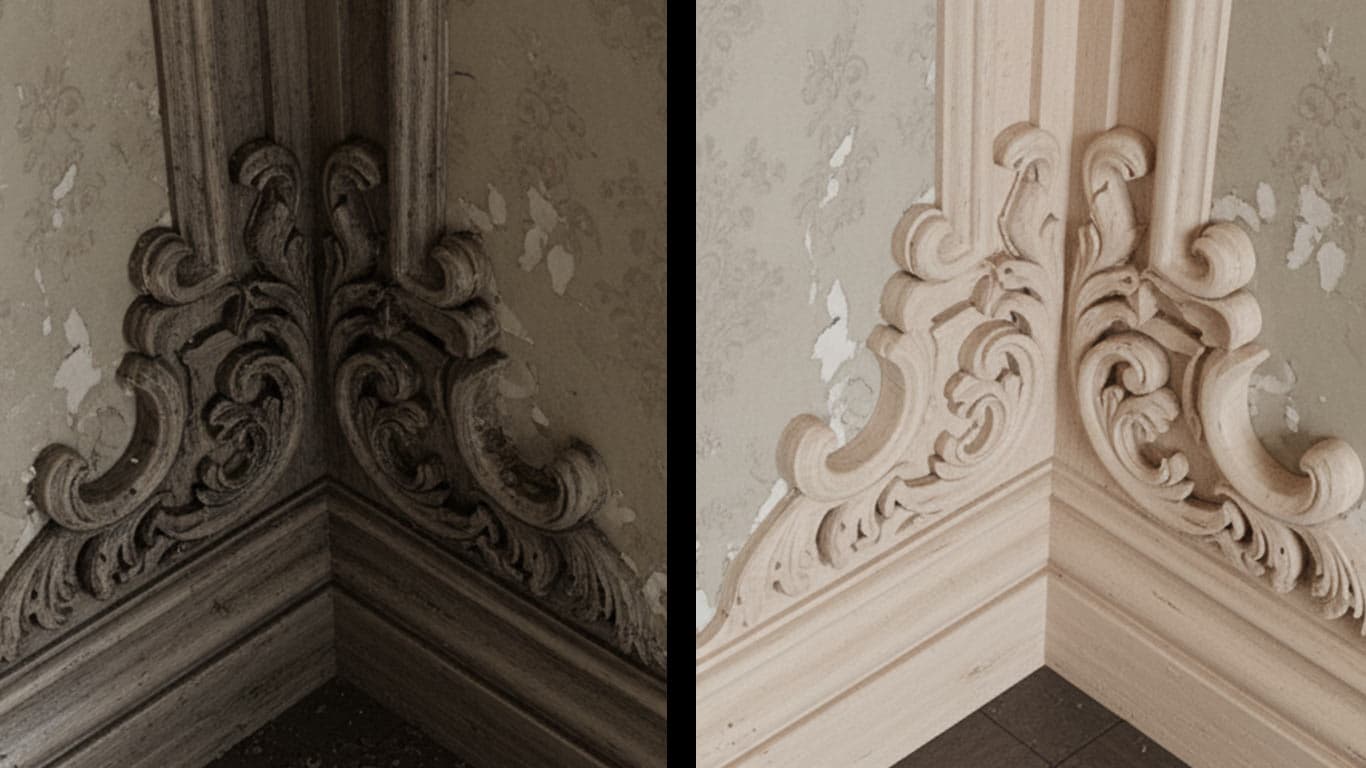 Poplar surface undergoing laser cleaning showing precise contamination removal