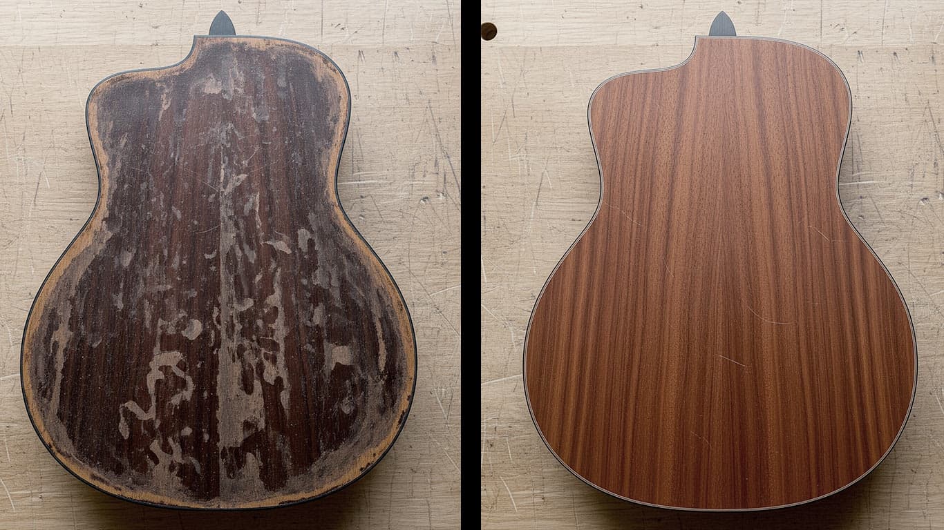 Rosewood surface undergoing laser cleaning showing precise contamination removal