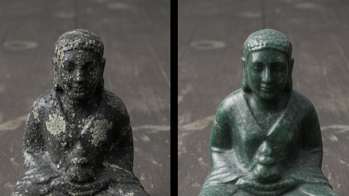 Serpentine surface undergoing laser cleaning showing precise contamination removal