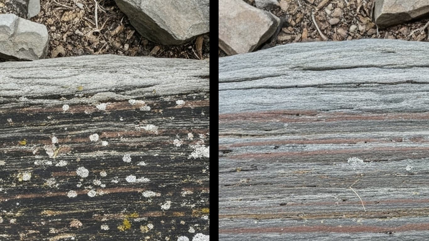 Shale surface undergoing laser cleaning showing precise contamination removal