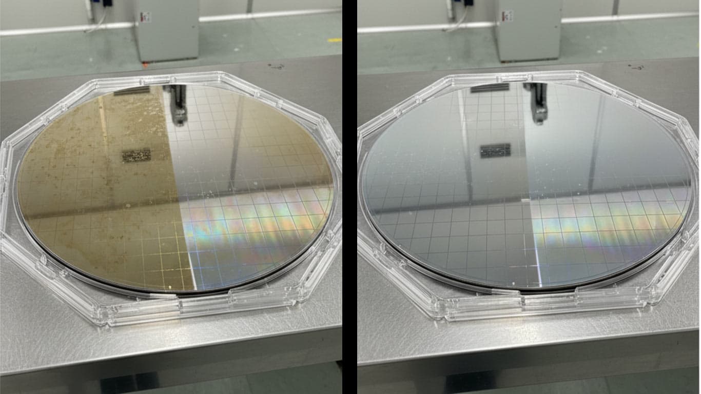 Silicon Germanium surface undergoing laser cleaning showing precise contamination removal