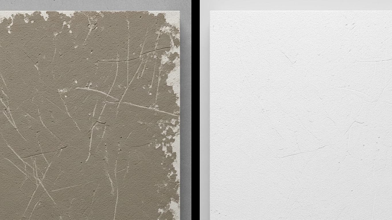 Stucco surface undergoing laser cleaning showing precise contamination removal