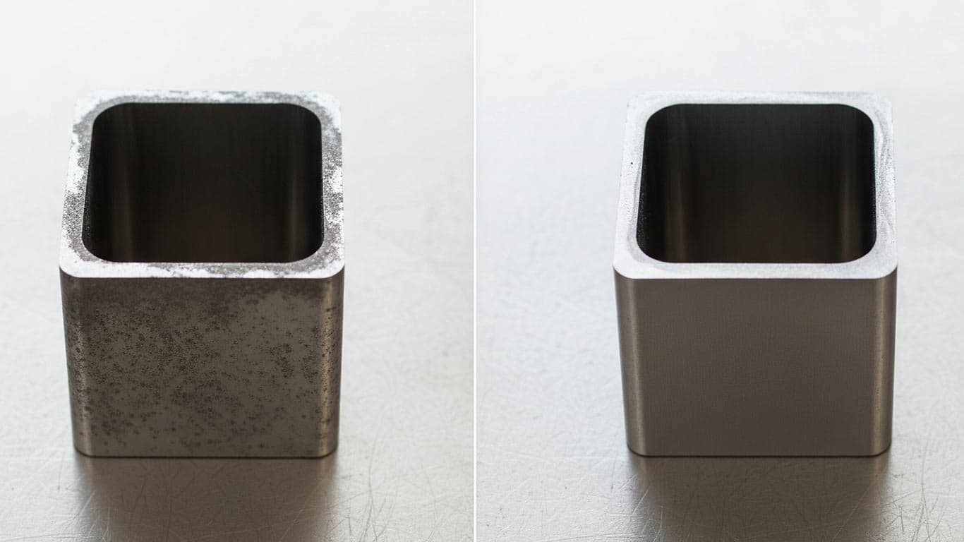 Tantalum surface undergoing laser cleaning showing precise contamination removal