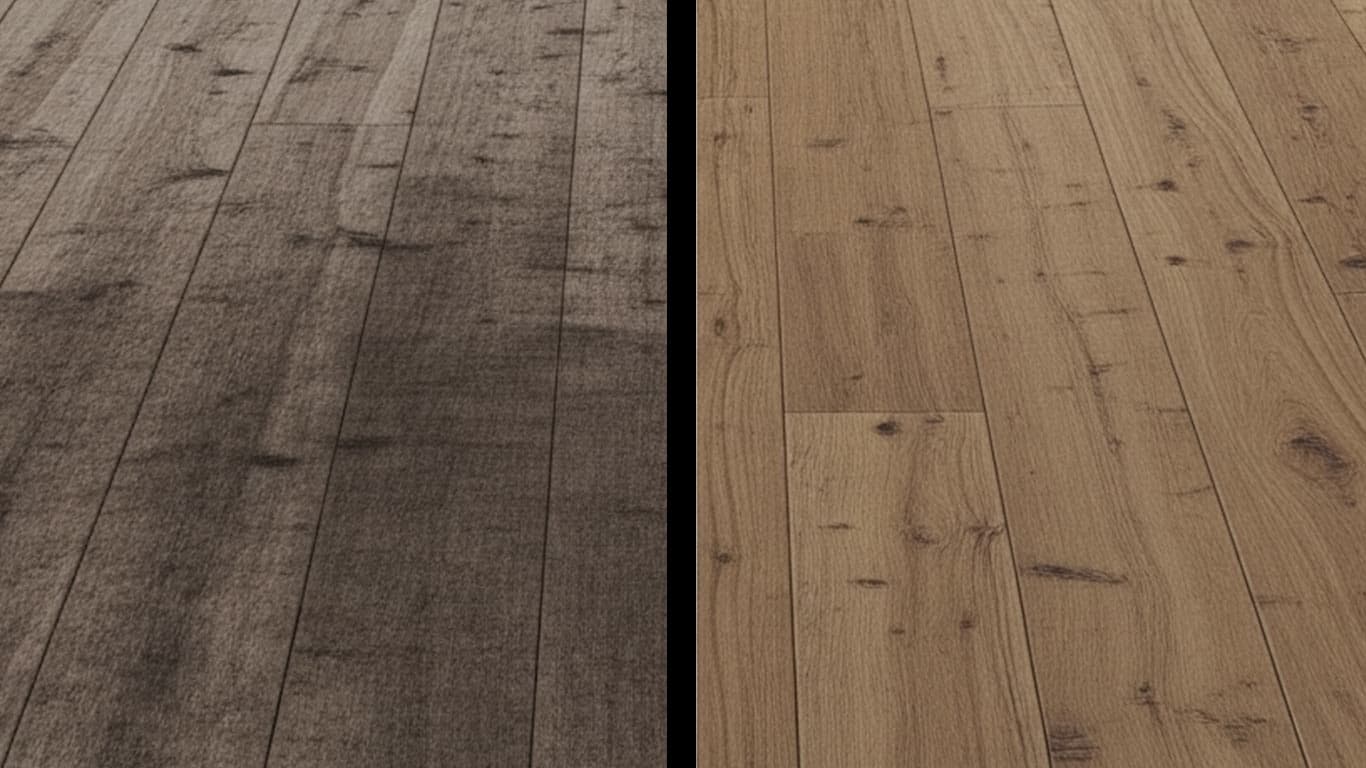 Teak surface undergoing laser cleaning showing precise contamination removal