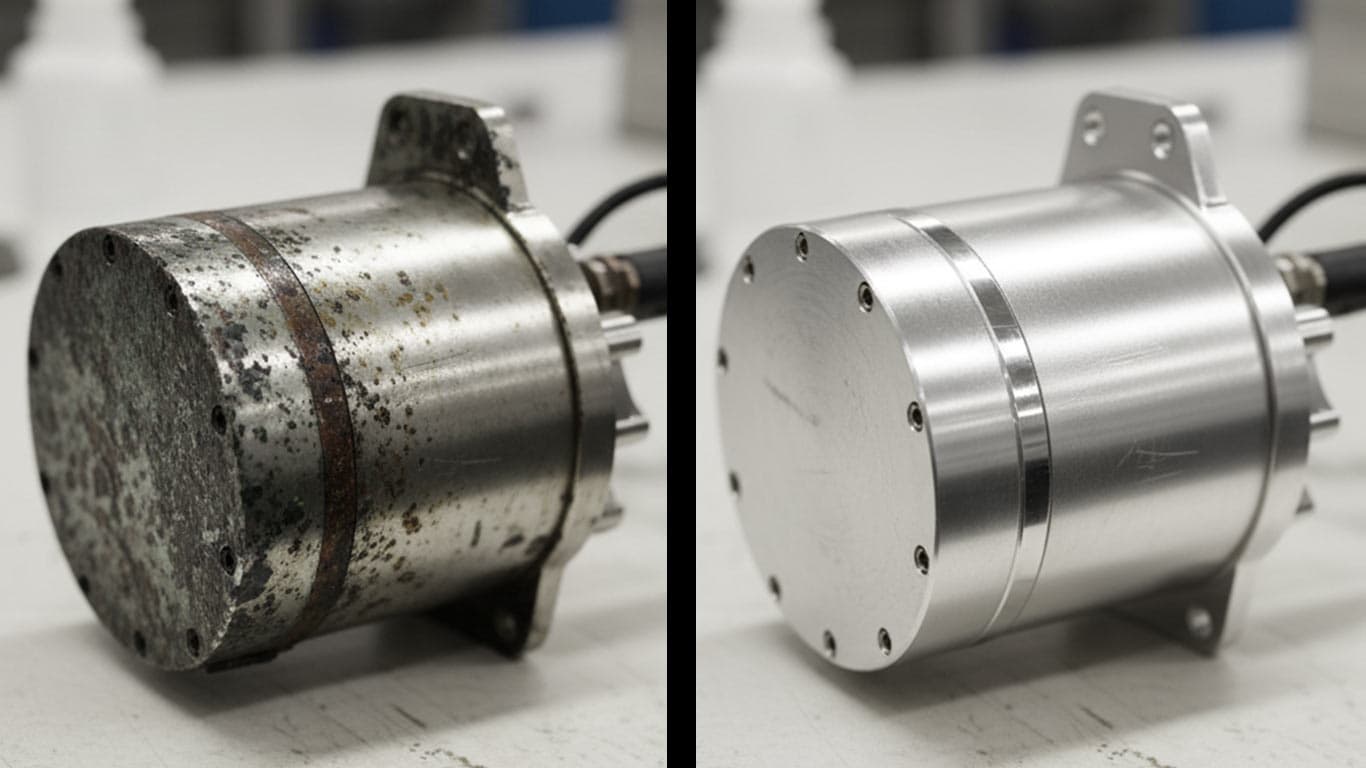 Terbium surface undergoing laser cleaning showing precise contamination removal