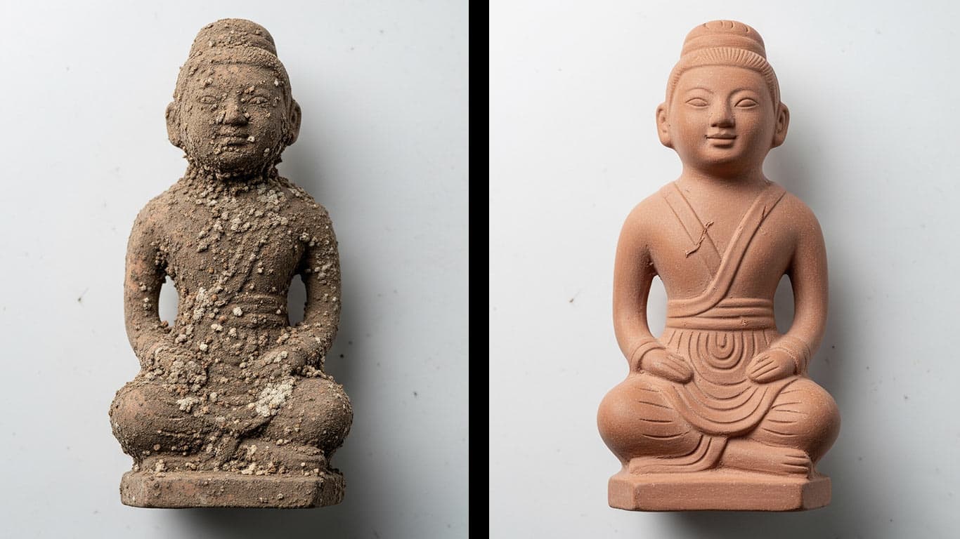 Terracotta surface undergoing laser cleaning showing precise contamination removal