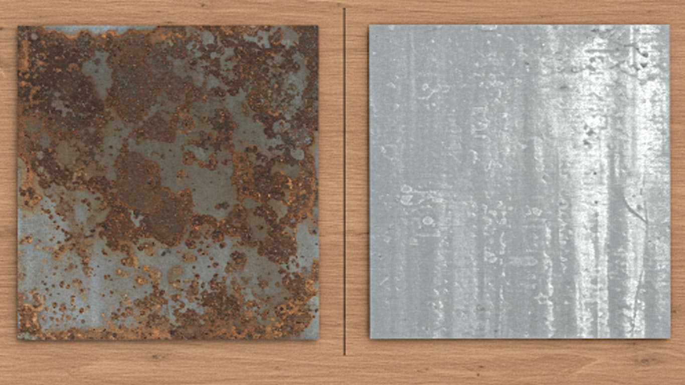 Tin surface undergoing laser cleaning showing precise contamination removal