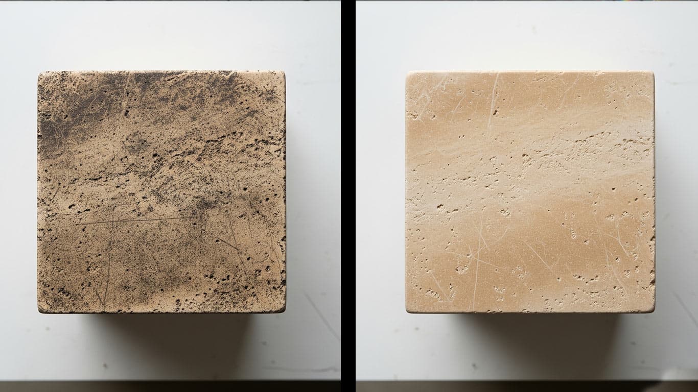 Travertine surface undergoing laser cleaning showing precise contamination removal