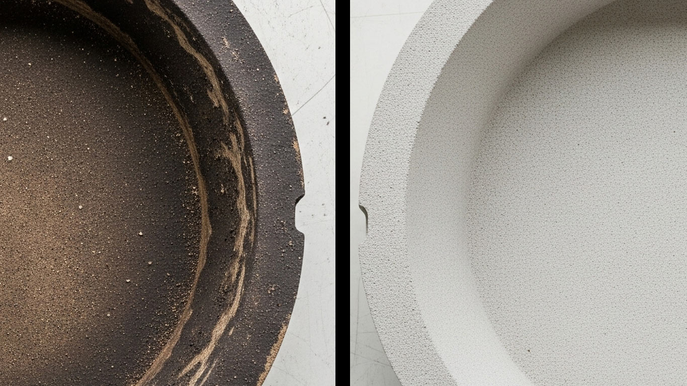 Alumina surface undergoing laser cleaning showing precise contamination removal