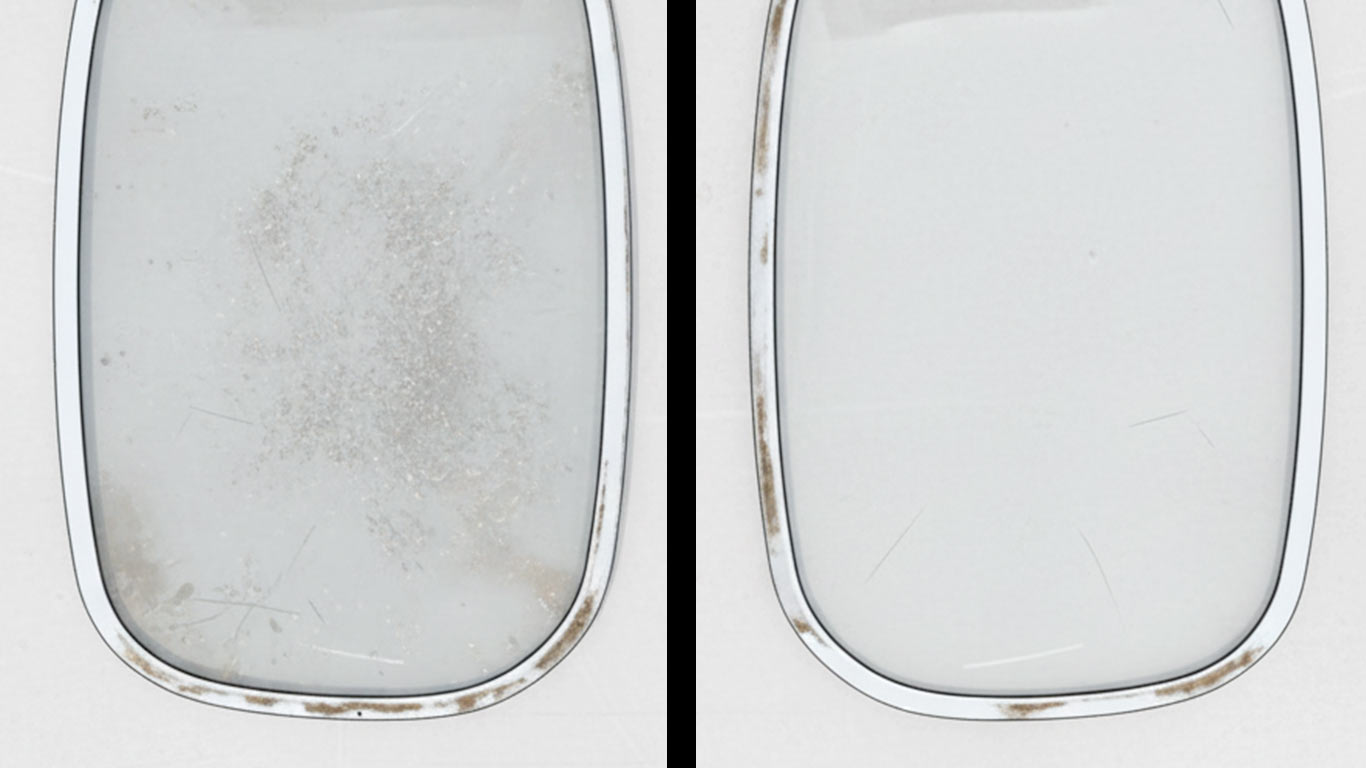 Gorilla Glass surface undergoing laser cleaning showing precise contamination removal