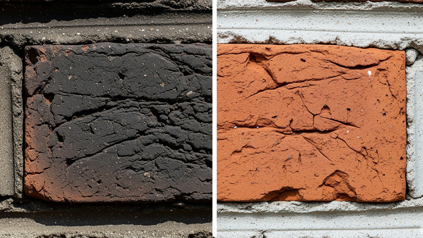 Mortar surface undergoing laser cleaning showing precise contamination removal