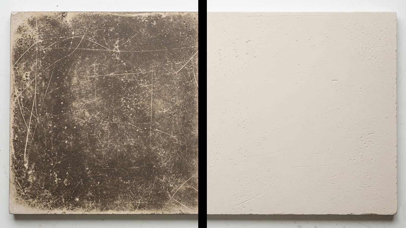 Plaster surface undergoing laser cleaning showing precise contamination removal