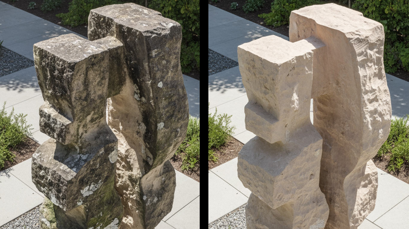 Sandstone surface undergoing laser cleaning showing precise contamination removal