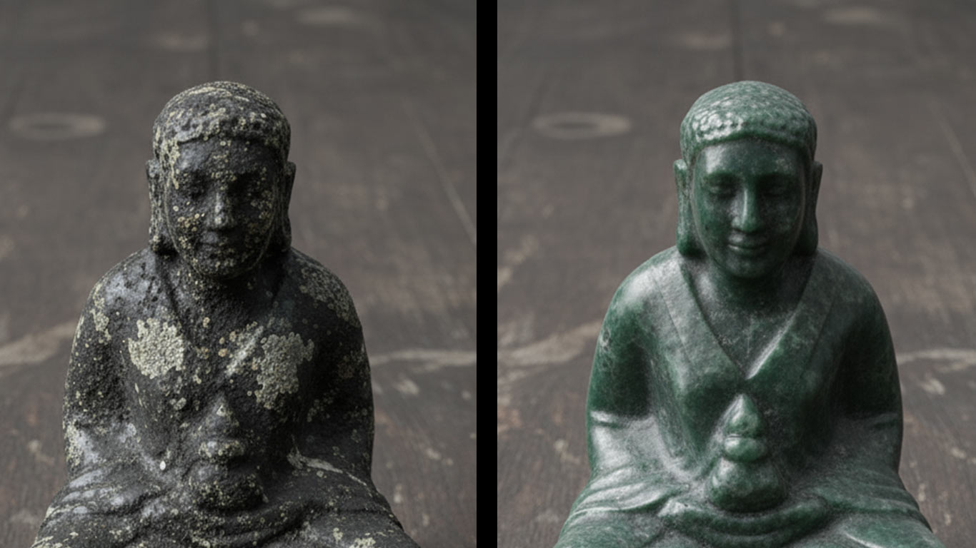 Serpentine surface undergoing laser cleaning showing precise contamination removal