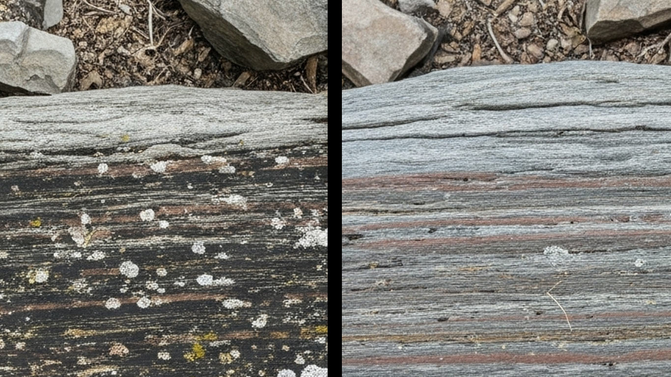 Shale surface undergoing laser cleaning showing precise contamination removal