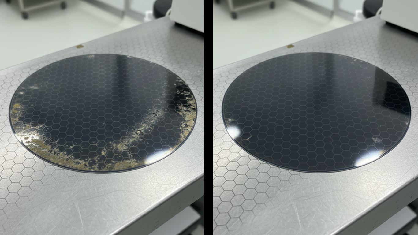 Silicon Carbide surface undergoing laser cleaning showing precise contamination removal