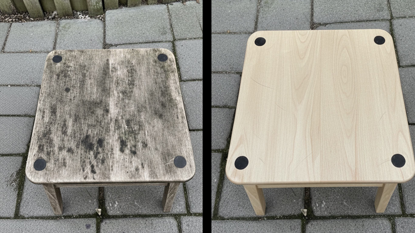 Willow surface undergoing laser cleaning showing precise contamination removal