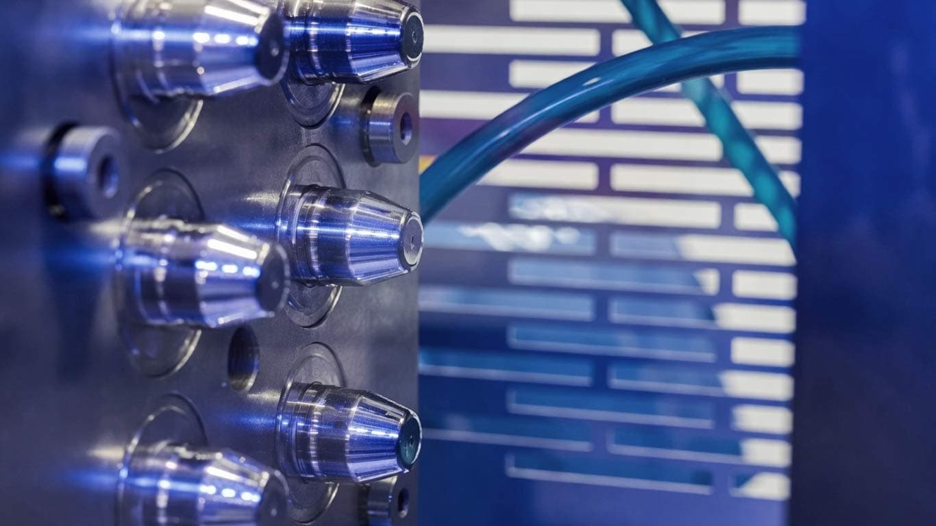 Laser cleaning hot runner manifold and gate tips removing carbon buildup and color contamination from injection mold sub-system