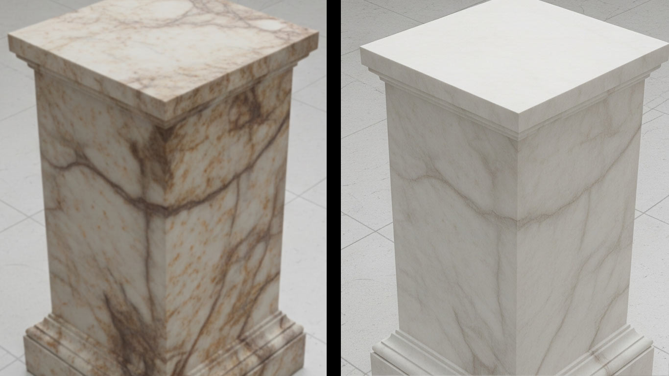 Alabaster surface undergoing laser cleaning showing precise contamination removal