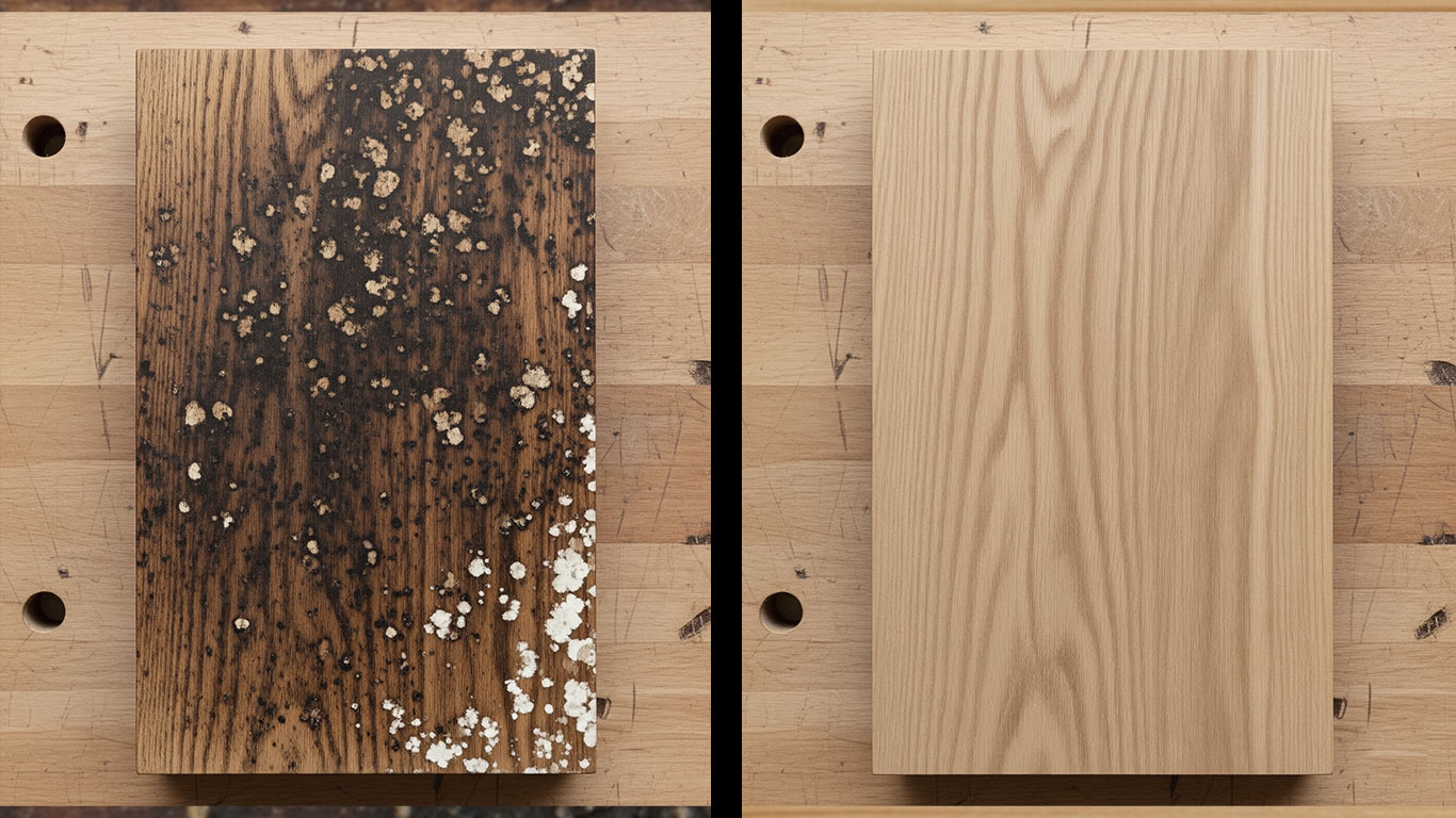 Beech surface undergoing laser cleaning showing precise contamination removal