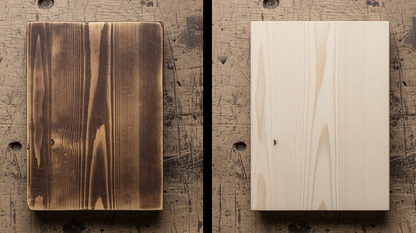 Birch surface undergoing laser cleaning showing precise contamination removal