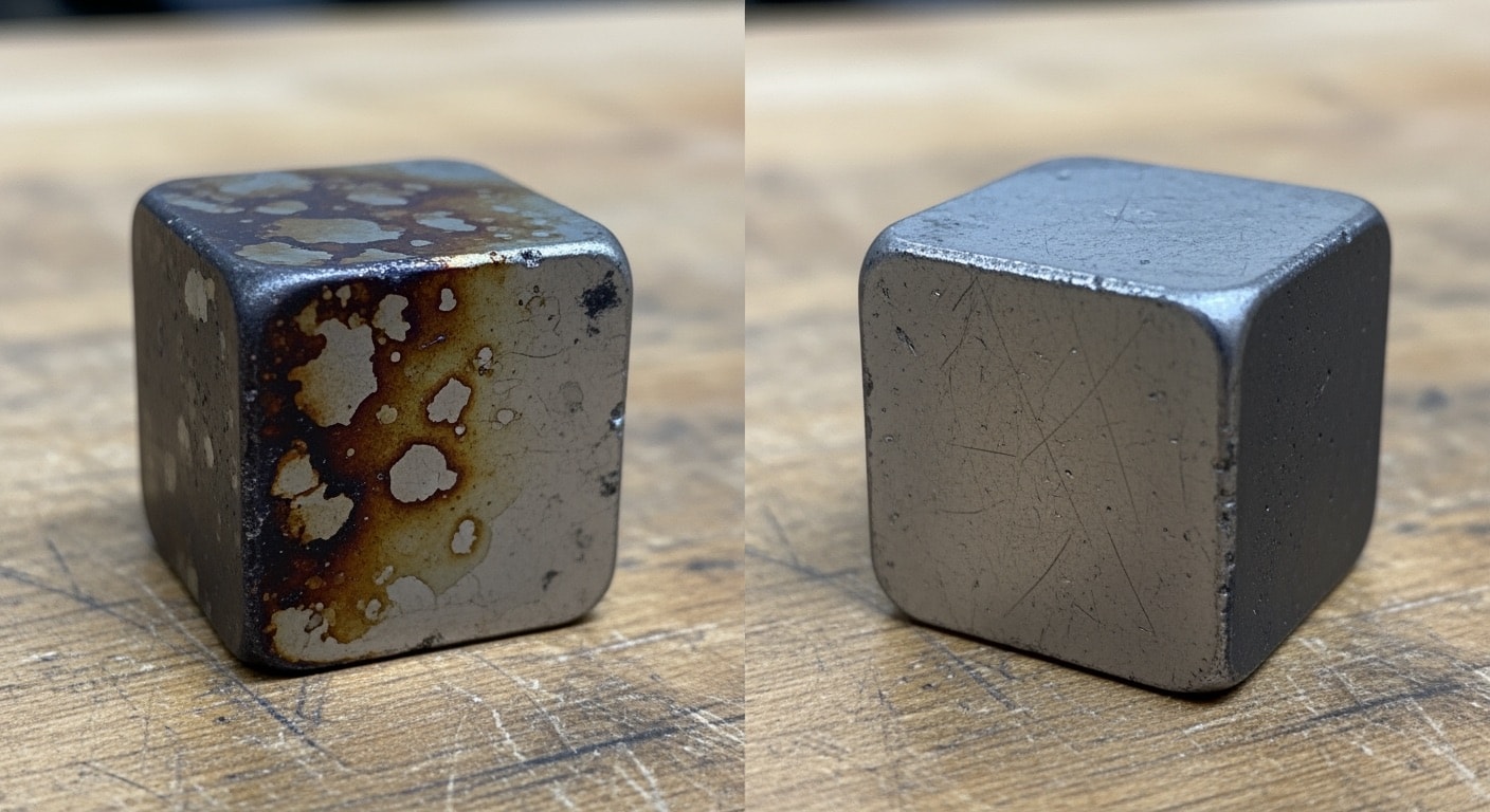 Boron Nitride surface undergoing laser cleaning showing precise contamination removal