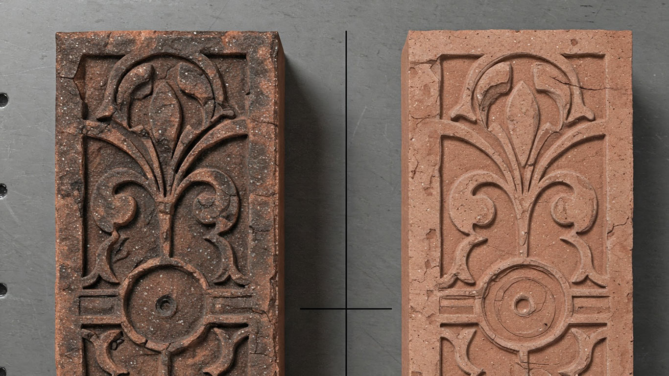 Brick surface undergoing laser cleaning showing precise contamination removal