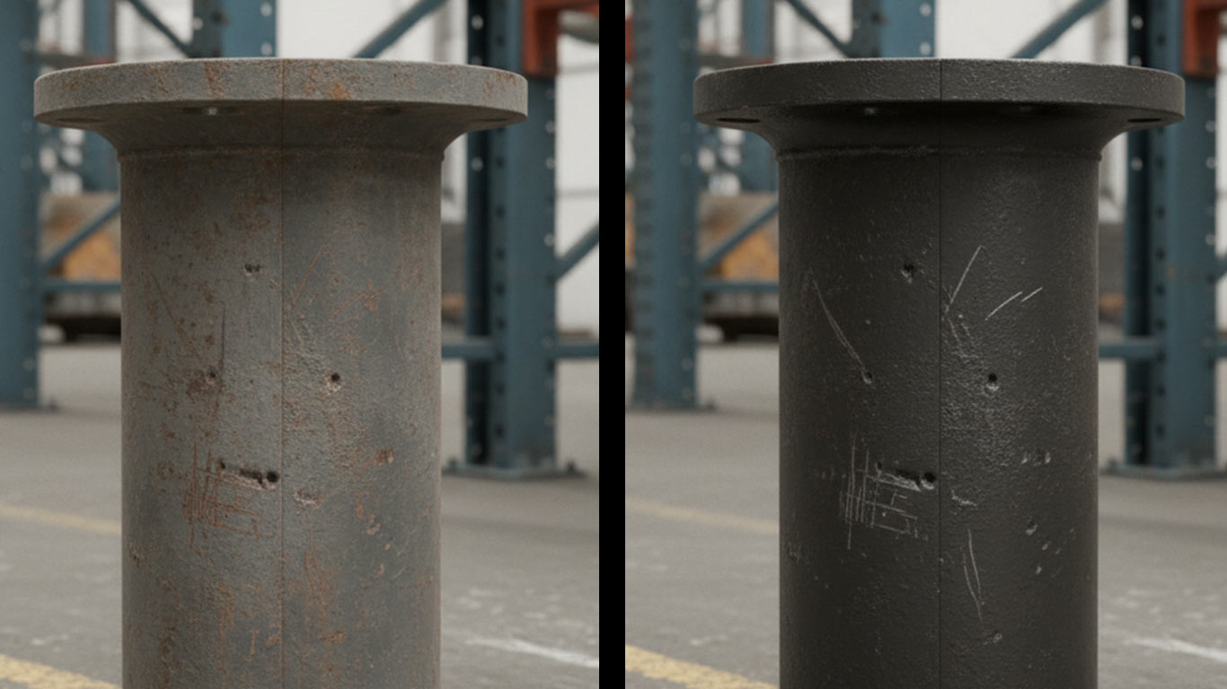 Cast Iron surface undergoing laser cleaning showing precise contamination removal