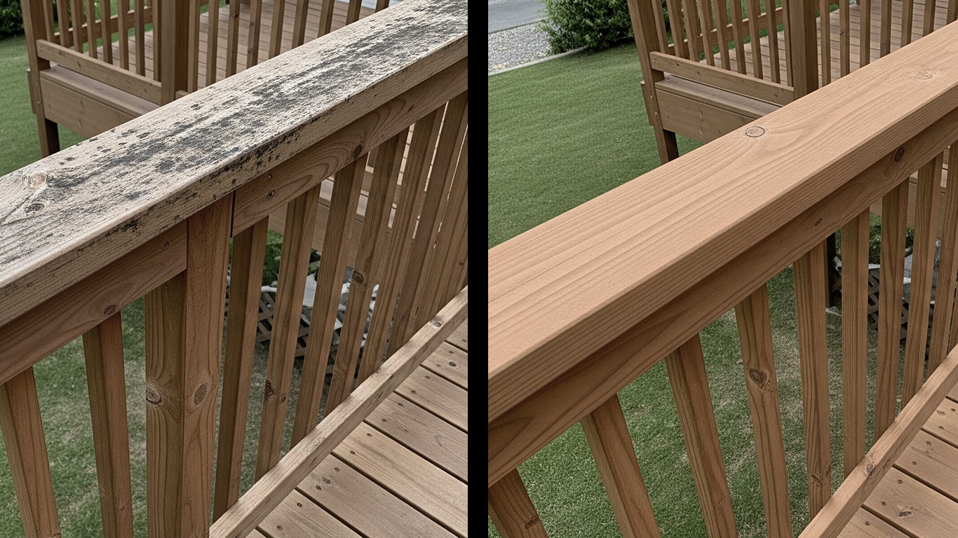 Cedar surface undergoing laser cleaning showing precise contamination removal