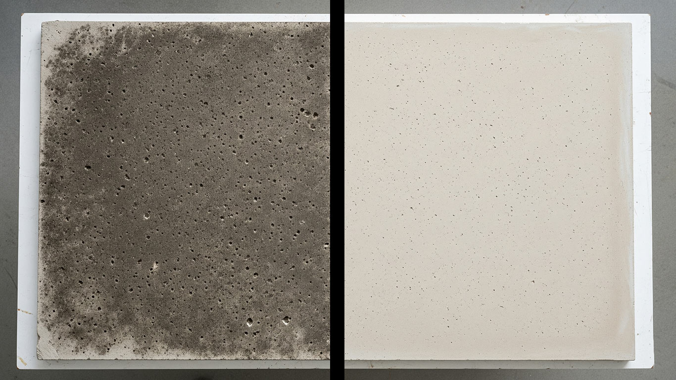 Cement surface undergoing laser cleaning showing precise contamination removal