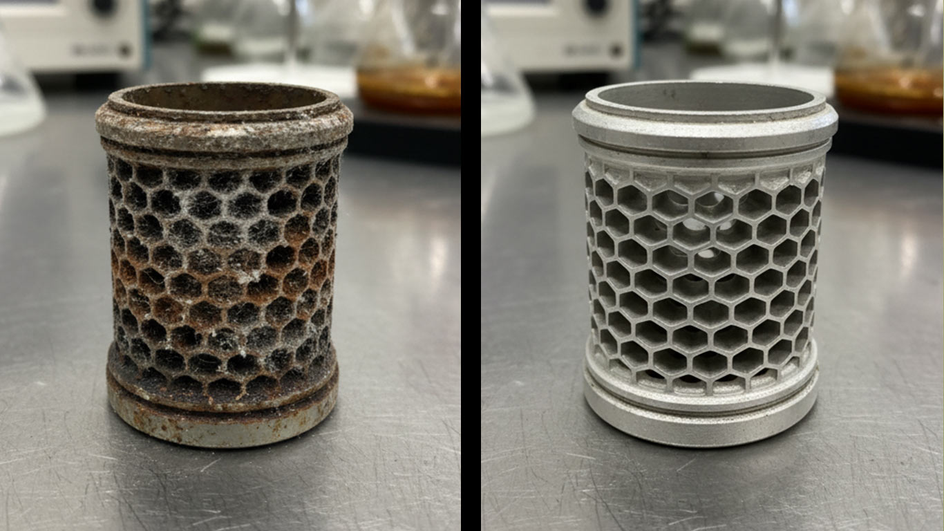 Cerium surface undergoing laser cleaning showing precise contamination removal