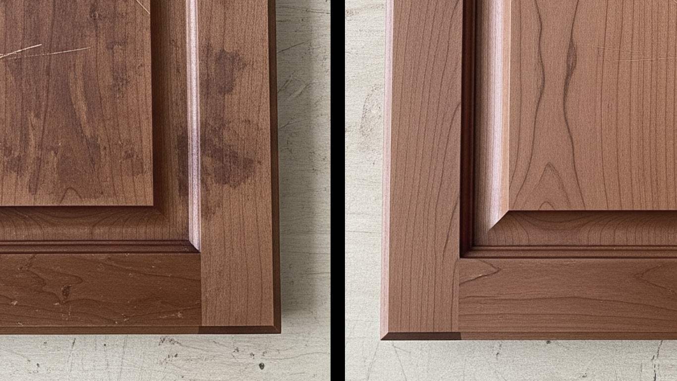 Cherry surface undergoing laser cleaning showing precise contamination removal