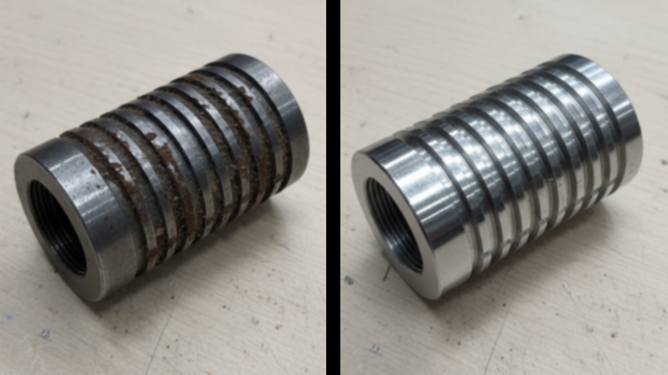 Dysprosium surface undergoing laser cleaning showing precise contamination removal