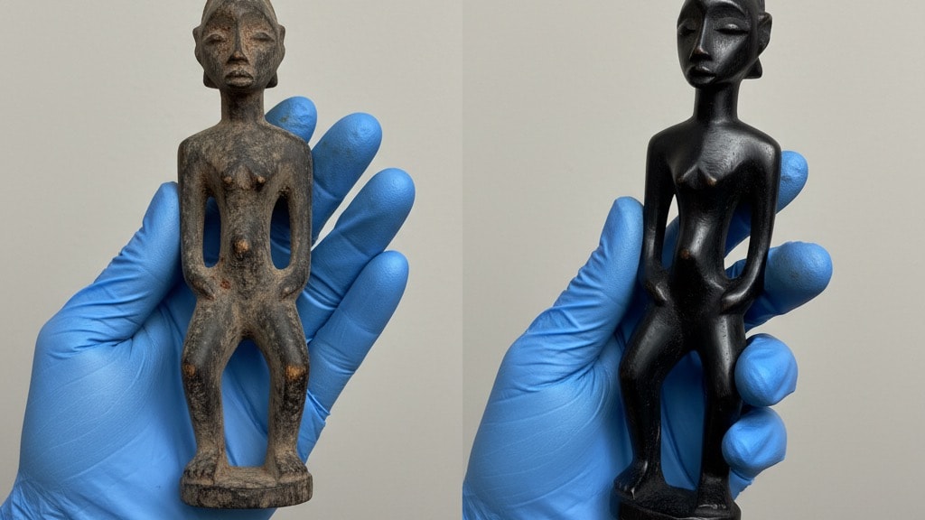 Ebony surface during precision laser cleaning process removing contamination layer