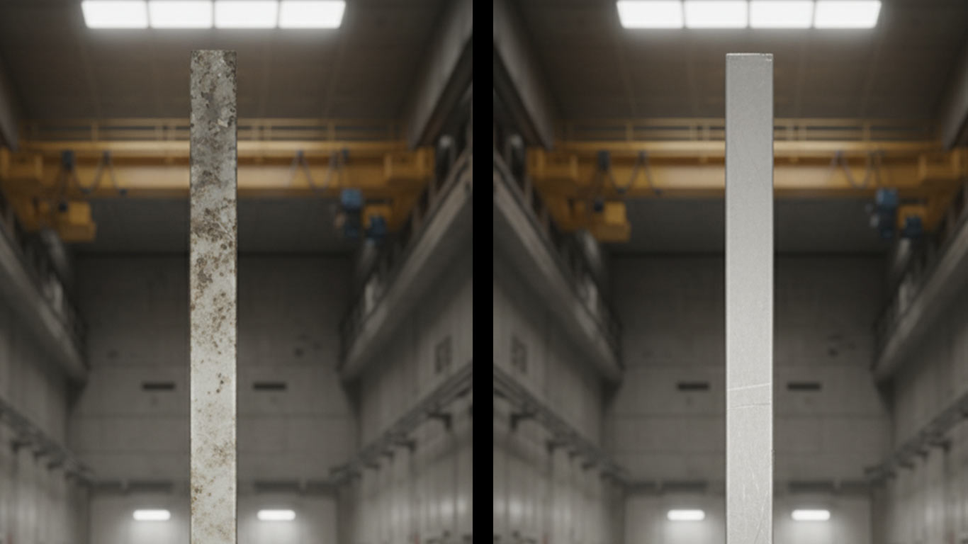 Europium surface undergoing laser cleaning showing precise contamination removal