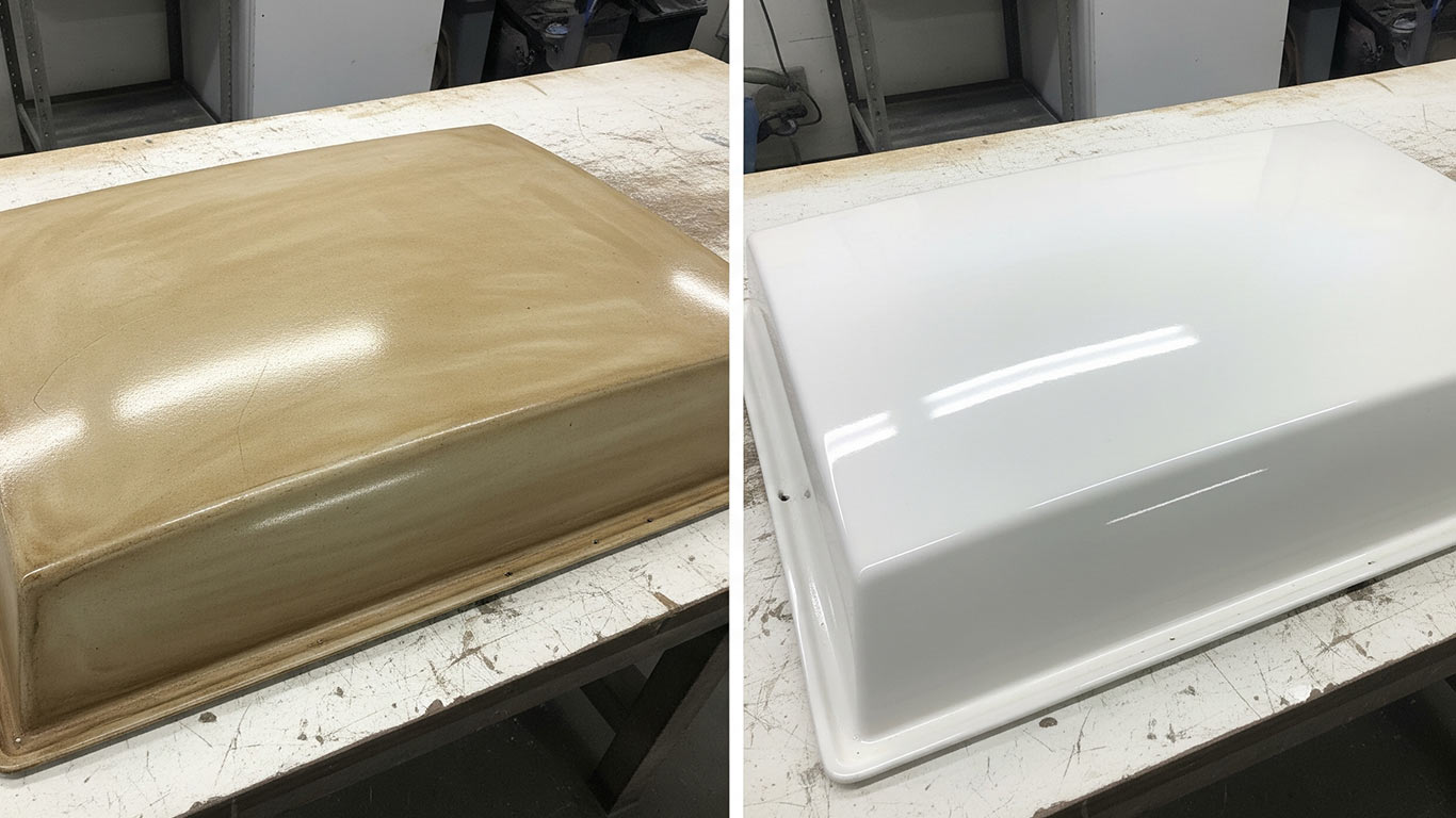 Fiberglass surface undergoing laser cleaning showing precise contamination removal