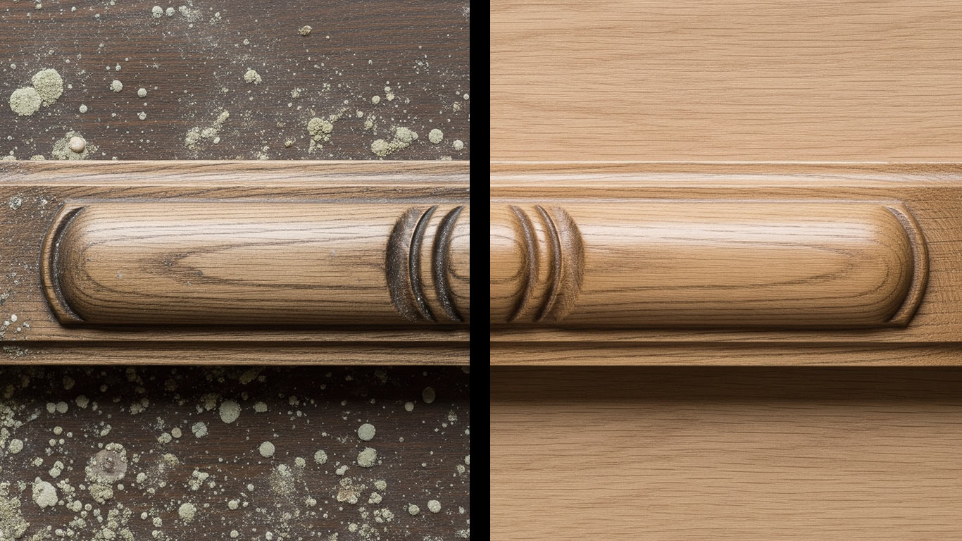 Hickory surface undergoing laser cleaning showing precise contamination removal